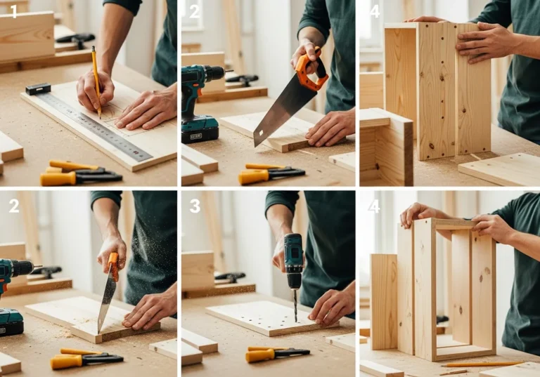 Fragmentowany przewodnik po budowie drewnianej skrzynki, od szkicowania po montaż.