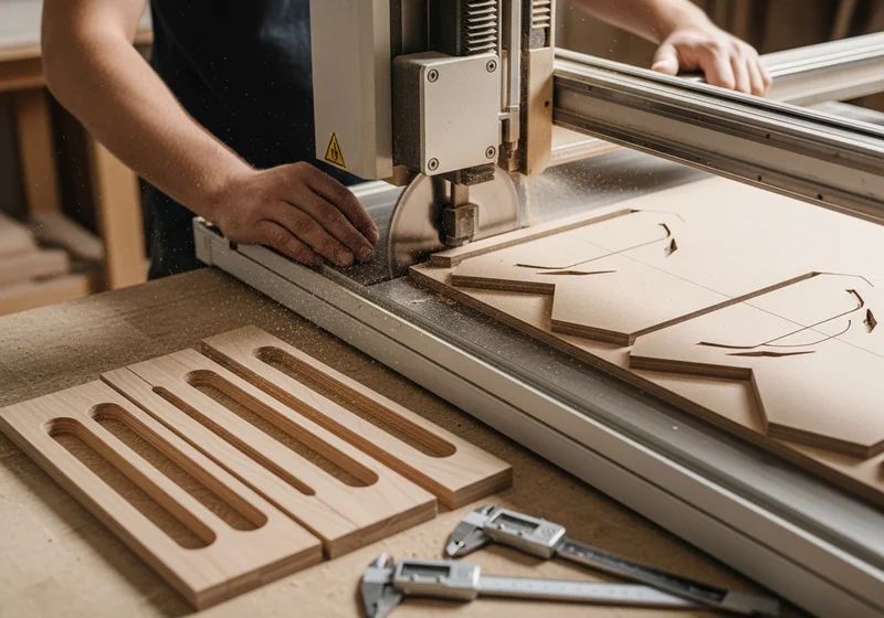 Cięcie elementów meblowych na maszynie CNC, obok gotowych elementów z drewna.