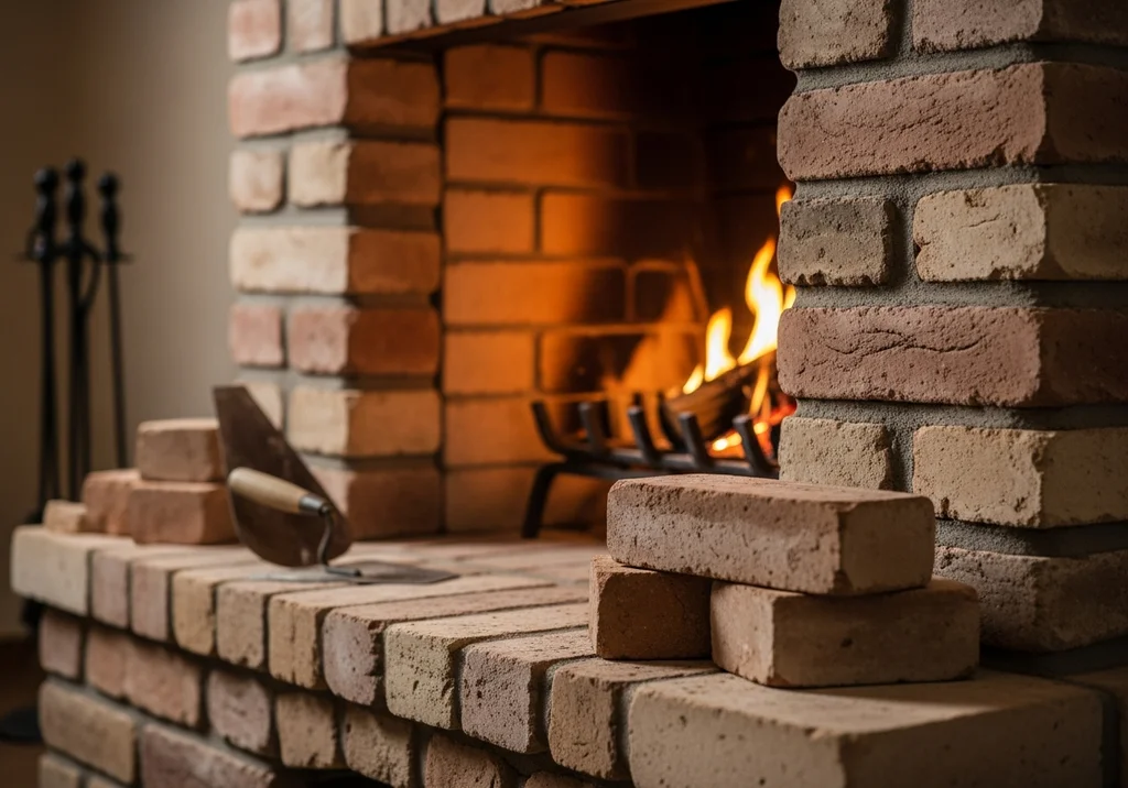 Ceglana obudowa kominka z widocznym zapasem cegieł i kielnią.