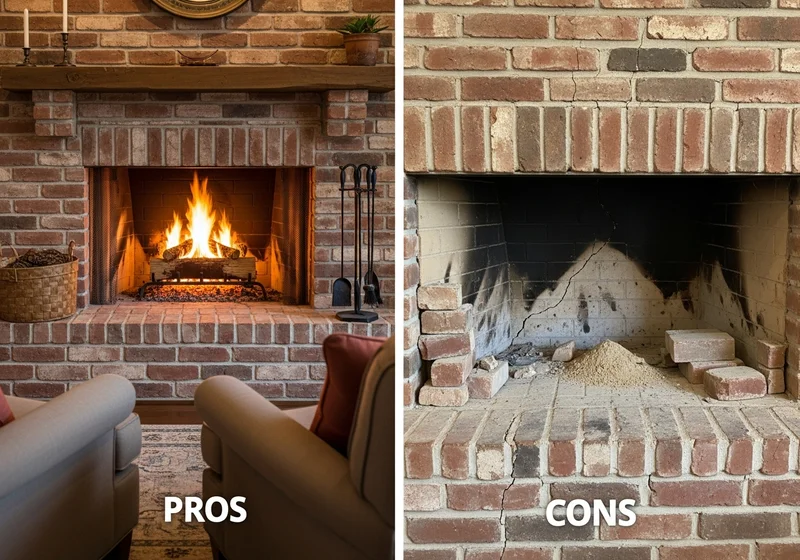Lepszy i zniszczony kominek z cegły, pokazujący zalety i wady.