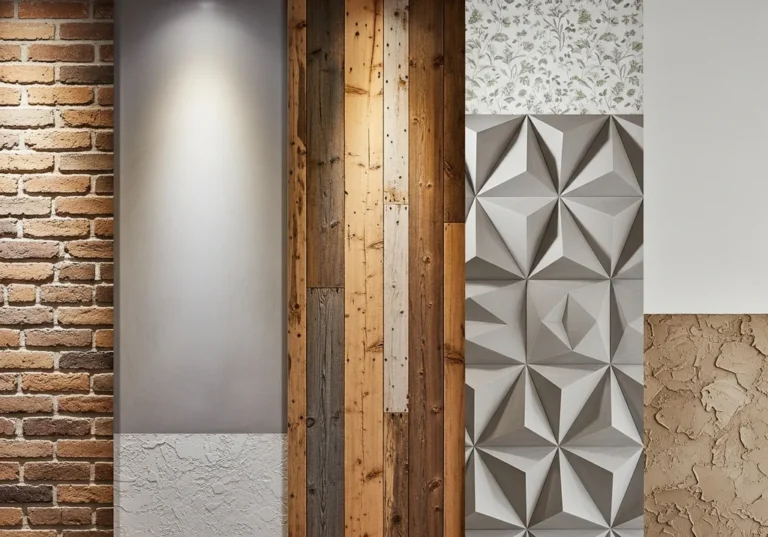 Kolaż różnych materiałów ściennych: cegła, drewno, beton architektoniczny, tapeta.