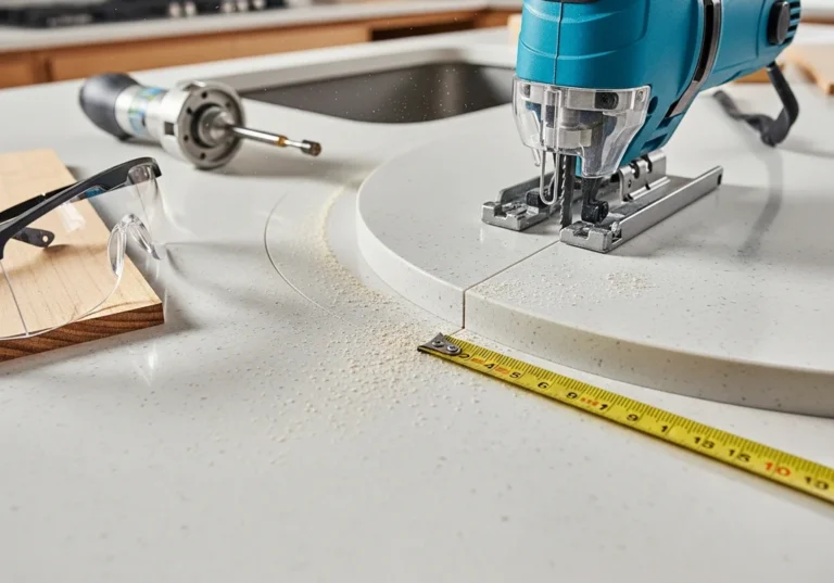 Jigsaw tnie zaokrąglony blat kuchenny, obok miarka i okulary ochronne.