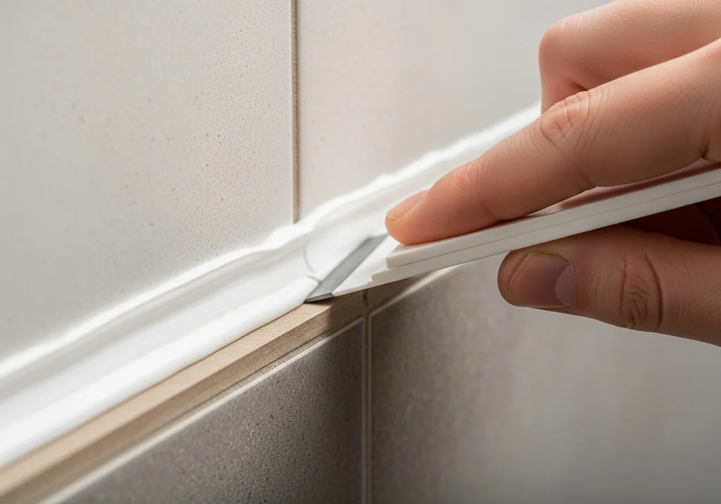 Ręka wyrównuje świeży silikon przy użyciu narzędzia do fugowania.