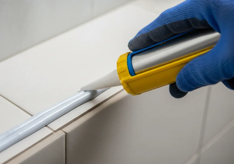 Ręka w niebieskiej rękawicy aplikuje silikon za pomocą pistoletu do silikonu na płytki.