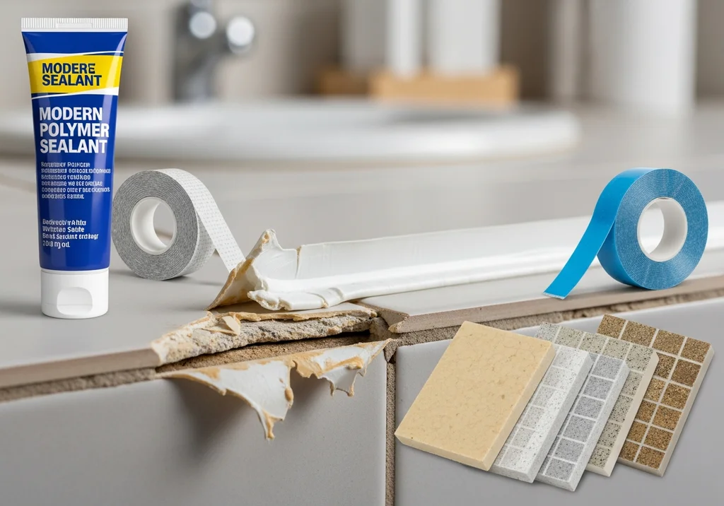 Tubka z uszczelniaczem i taśmą montażową, obok odpadający silikon i próbki płytek.