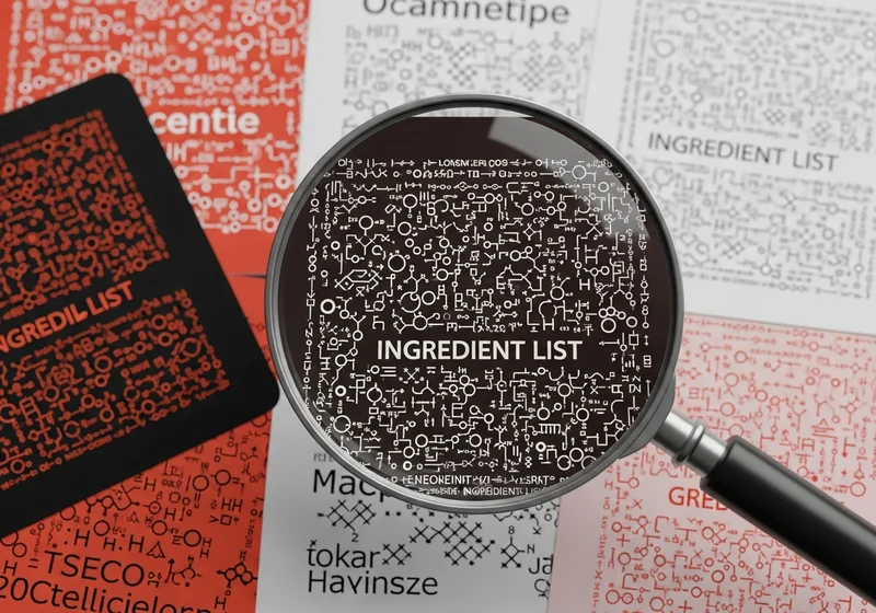 Lista składników INCI pod lupą, z widocznymi znakami chemicznymi i symbolami.