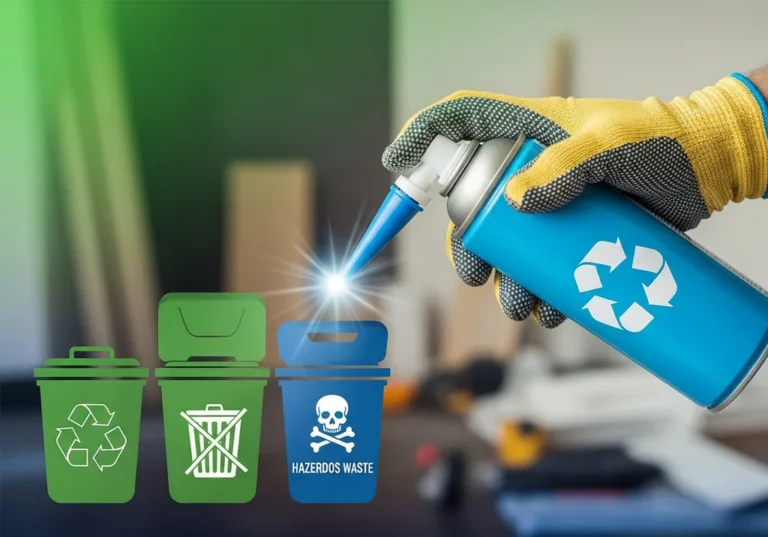 Rękawica w żółtej rękawicy trzyma puszkę z pianką montażową obok koszy na odpady.