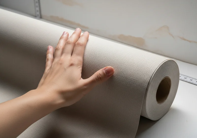 Dłoń dotyka rolki jasnej tapety, symbolizującej jej gramaturę i grubość.