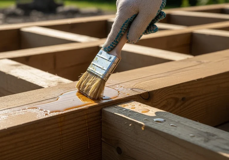 Nakładanie impregnatu pędzlem na drewniane legary tarasowe.
