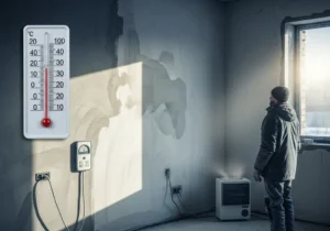 Termometr i grzejnik w pomieszczeniu z wilgotnymi ścianami zimą.