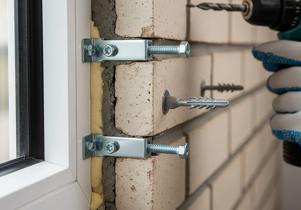 Montaż okna z wykorzystaniem kotew przykręcanych do ceglanej ściany z użyciem wiertarki.