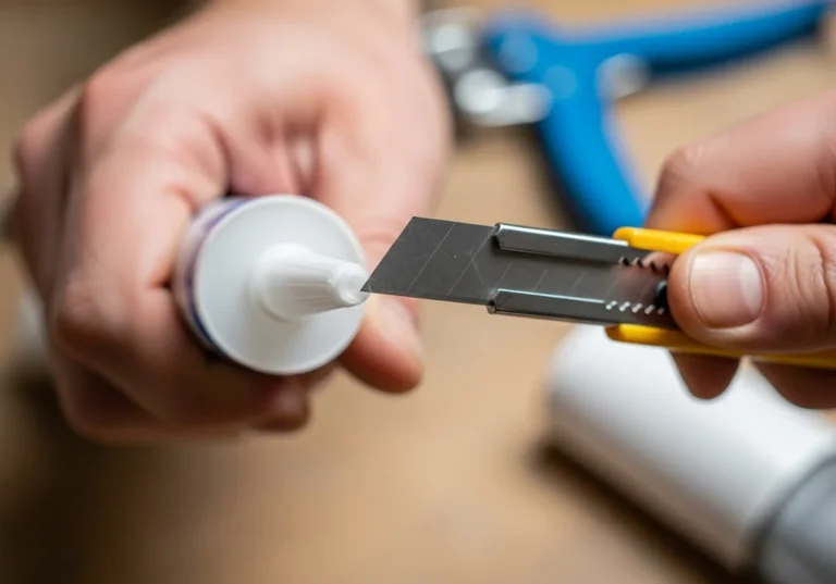 Przycinanie dyszy tuby silikonowej nożem do tapet.