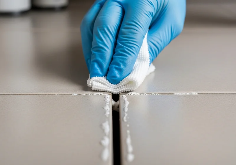 Ręka w niebieskiej rękawiczce czyści fugę między płytkami białą ściereczką.
