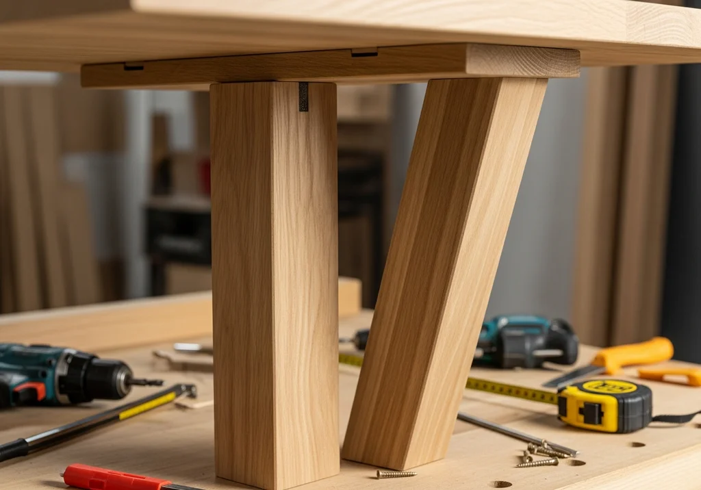 Zbliżenie na połączenie drewnianego blatu z nogami stołu, narzędzia stolarskie na tle.