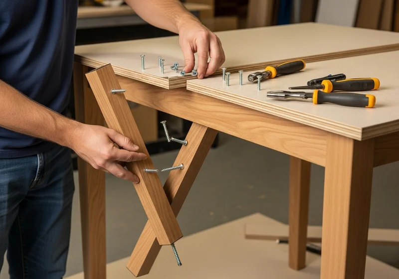 Montaż nóg stołu: osoba przykręca drewniane elementy blatu za pomocą śrub.