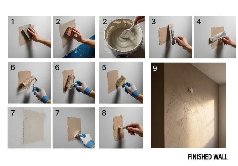 Instrukcja krok po kroku jak położyć tynk dekoracyjny, zakończona zdjęciem gotowej ściany.