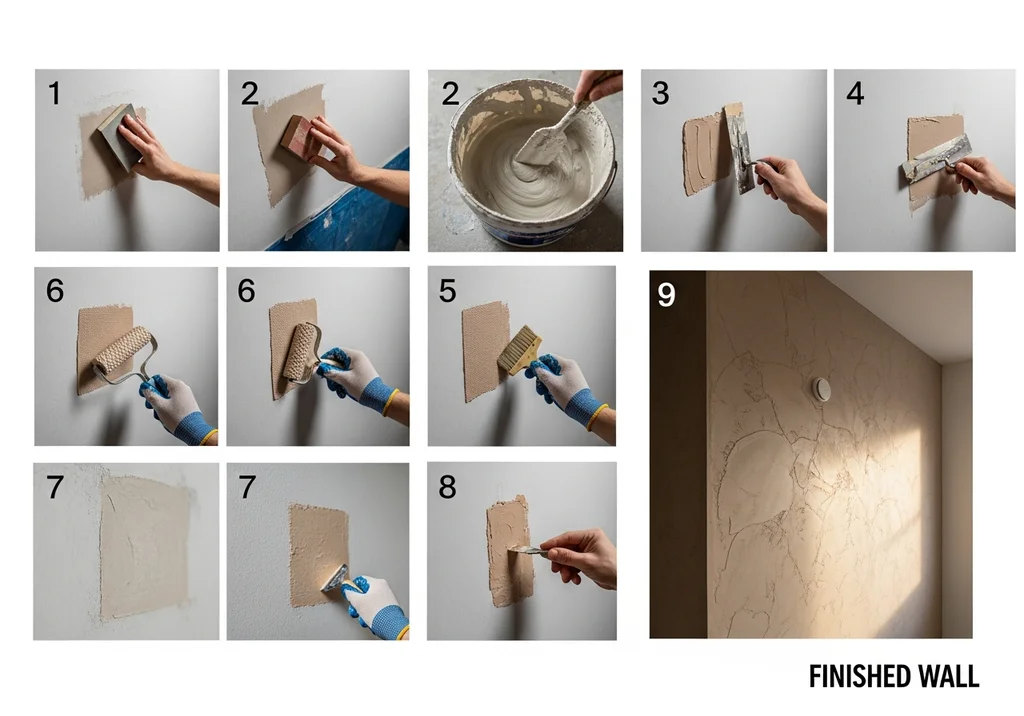 Instrukcja krok po kroku jak położyć tynk dekoracyjny, zakończona zdjęciem gotowej ściany.
