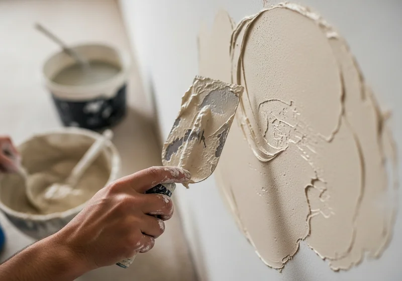 Nakładanie masy tynkarskiej szpachlą na ścianę. W tle wiadro z tynkiem.