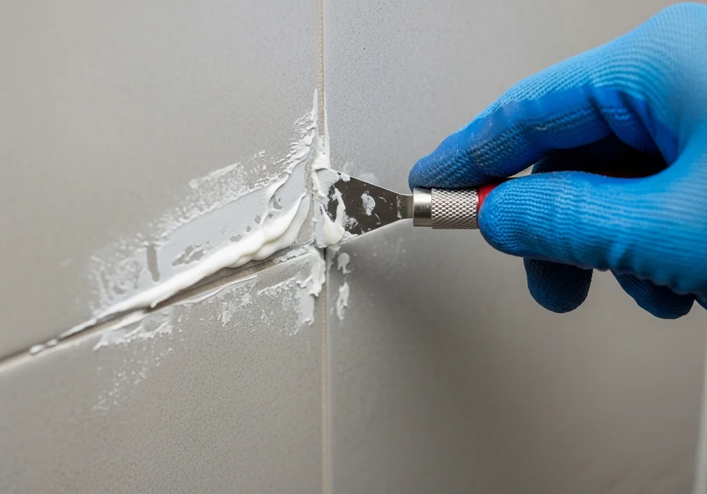 Rękawica w niebieskiej rękawicy używa noża do usuwania starego silikonu z fugi.