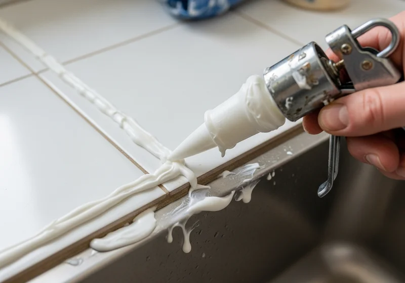 Aplikowanie silikonu z pistoletu na krawędziach białych płytek przy zlewie.