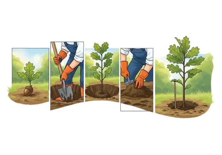 Pięć etapów sadzenia dęba: od żołędzia do młodego drzewka.