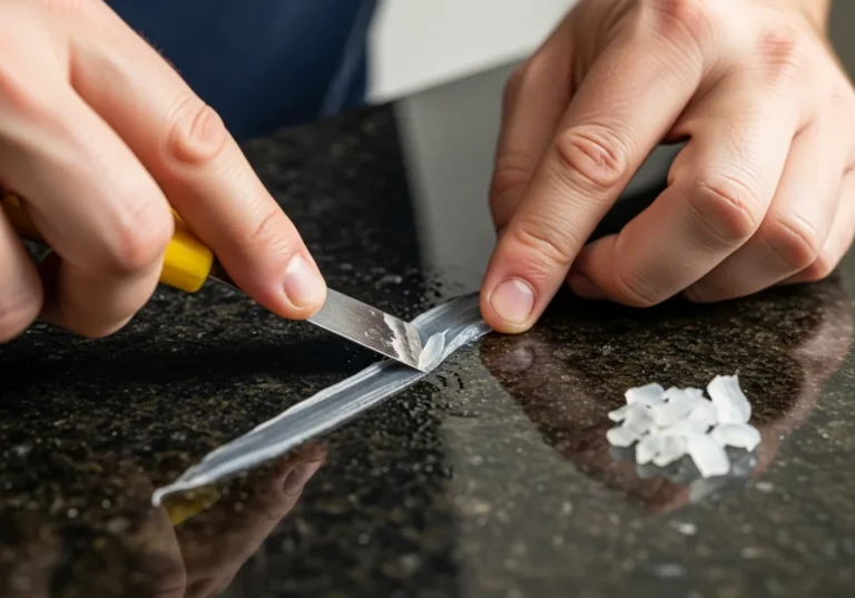 Usuwanie zaschniętego silikonu z granitu za pomocą nożyka.