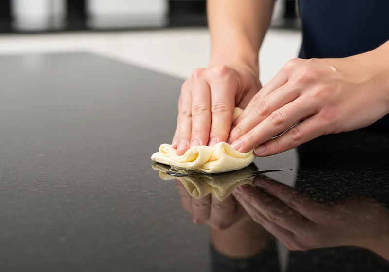 Ręce polerujące czarną granitową powierzchnię żółtą ściereczką, usuwając wodę.