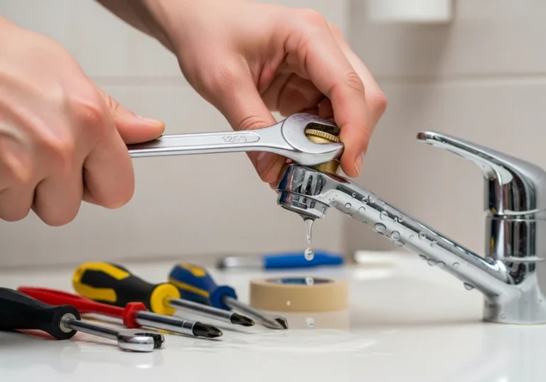 Ręce naprawiające kran kluczem, z kroplami wody spadającymi z kranu i narzędziami na blacie.
