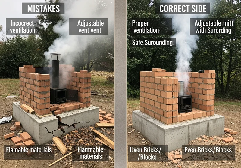 Porównanie budowy wędzarni: błędy (złe wentylacja, materiały łatwopalne) vs. poprawna (dobra wentylacja, równe cegły).