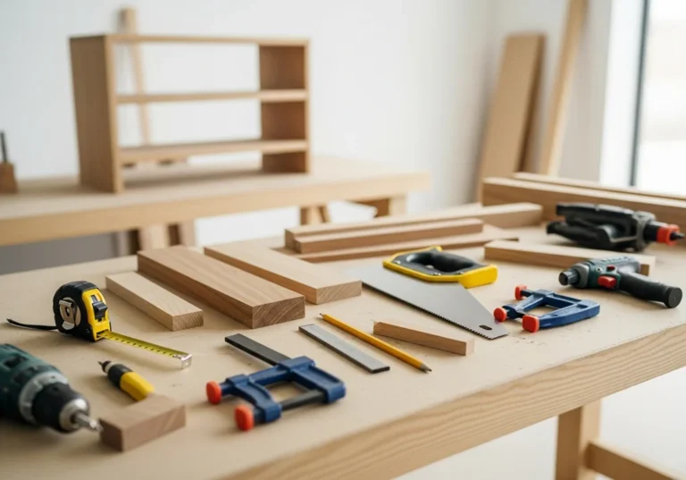 Narzędzia stolarskie i drewniane deski na stole warsztatowym, gotowe do pracy.