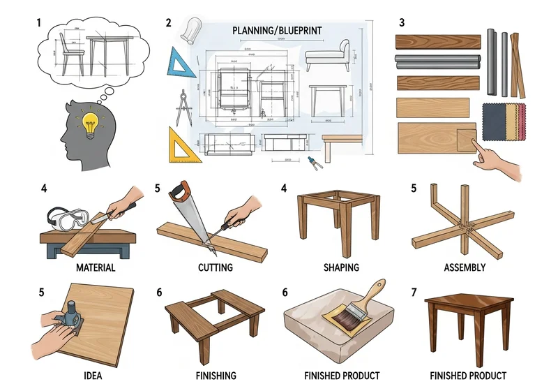 Schemat ilustrujący kolejne etapy tworzenia mebli: od pomysłu do gotowego produktu.
