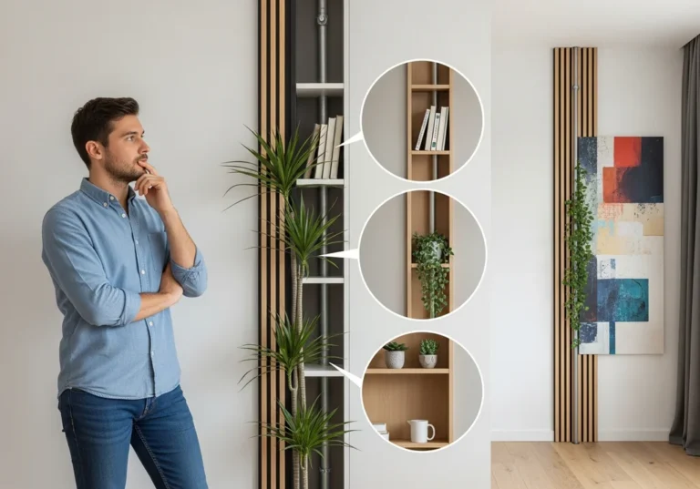 Drewniana zabudowa maskuje rury pionowe, tworząc estetyczną przestrzeń do przechowywania i dekoracji.