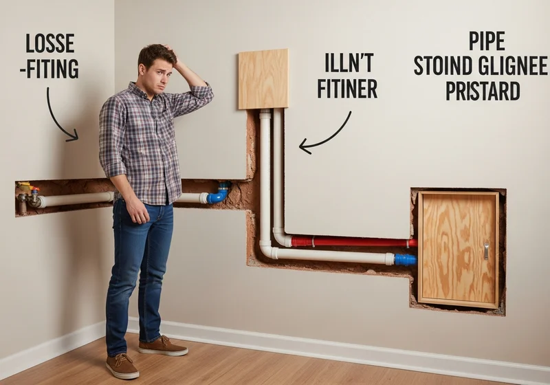 Mężczyzna w kratkę zdezorientowany widokiem źle zamaskowanych rur w ścianie.