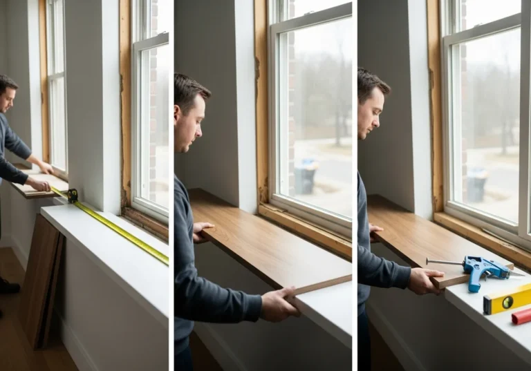 Mężczyzna mierzy i przygotowuje blat do montażu zamiast parapetu.