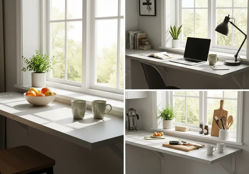 Blat przy oknie z misą owoców, kubkami, laptopem i przyborami kuchennymi.