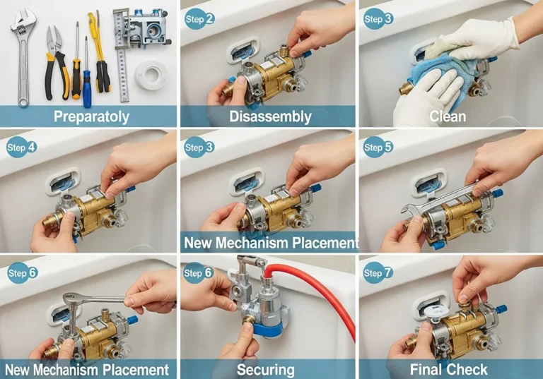 Instrukcja montażu spłuczki krok po kroku: przygotowanie, demontaż, czyszczenie, montaż mechanizmu i podłączenia.