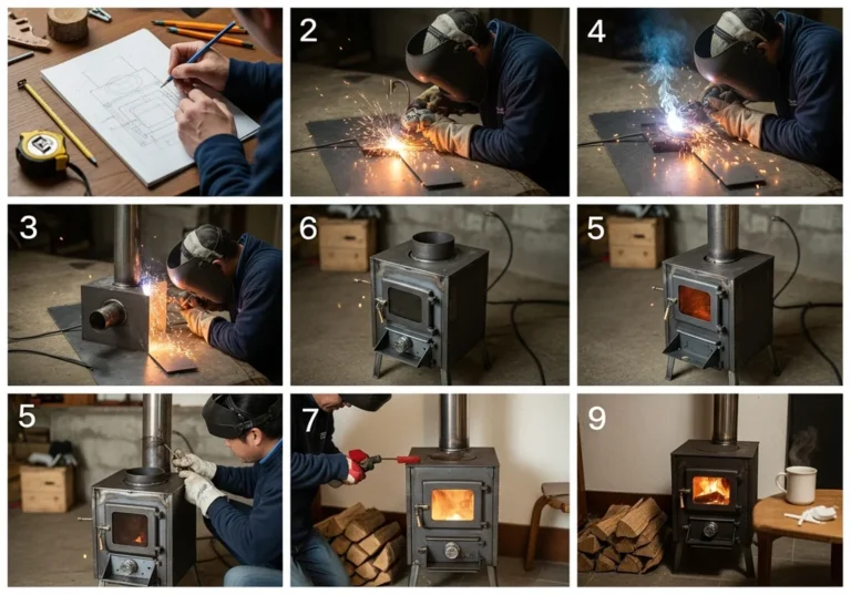 Schemat budowy pieca koza, spawanie, montaż i gotowy piec z ogniem.