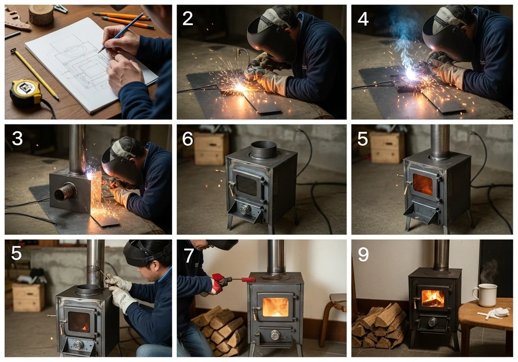 Schemat budowy pieca koza, spawanie, montaż i gotowy piec z ogniem.