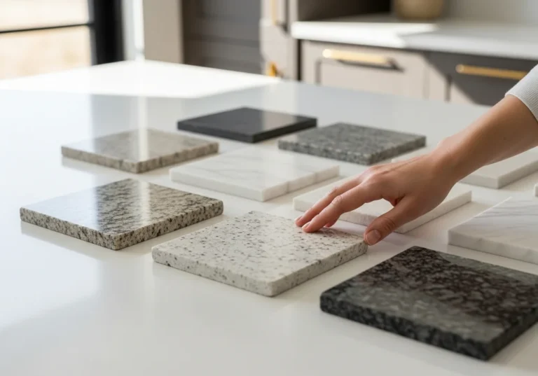 Kobieta wybiera kamienne próbki blatów kuchennych w różnych odcieniach.