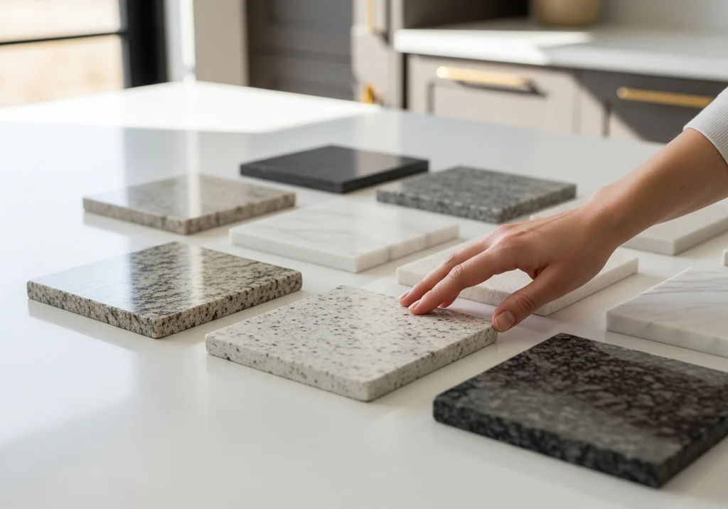 Kobieta wybiera kamienne próbki blatów kuchennych w różnych odcieniach.
