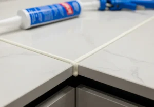 Świeżo nałożony biały silikon na krawędziach białego blatu kuchennego.