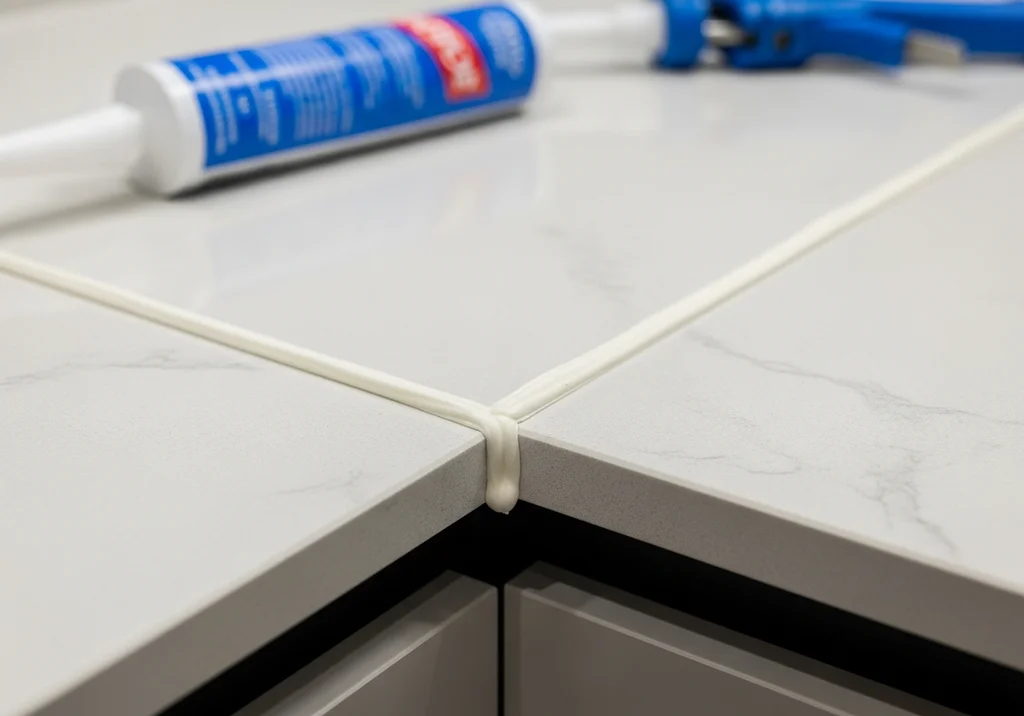 Świeżo nałożony biały silikon na krawędziach białego blatu kuchennego.