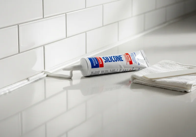 Aplikacja białego silikonu na połączenie blatu kuchennego z płytkami.