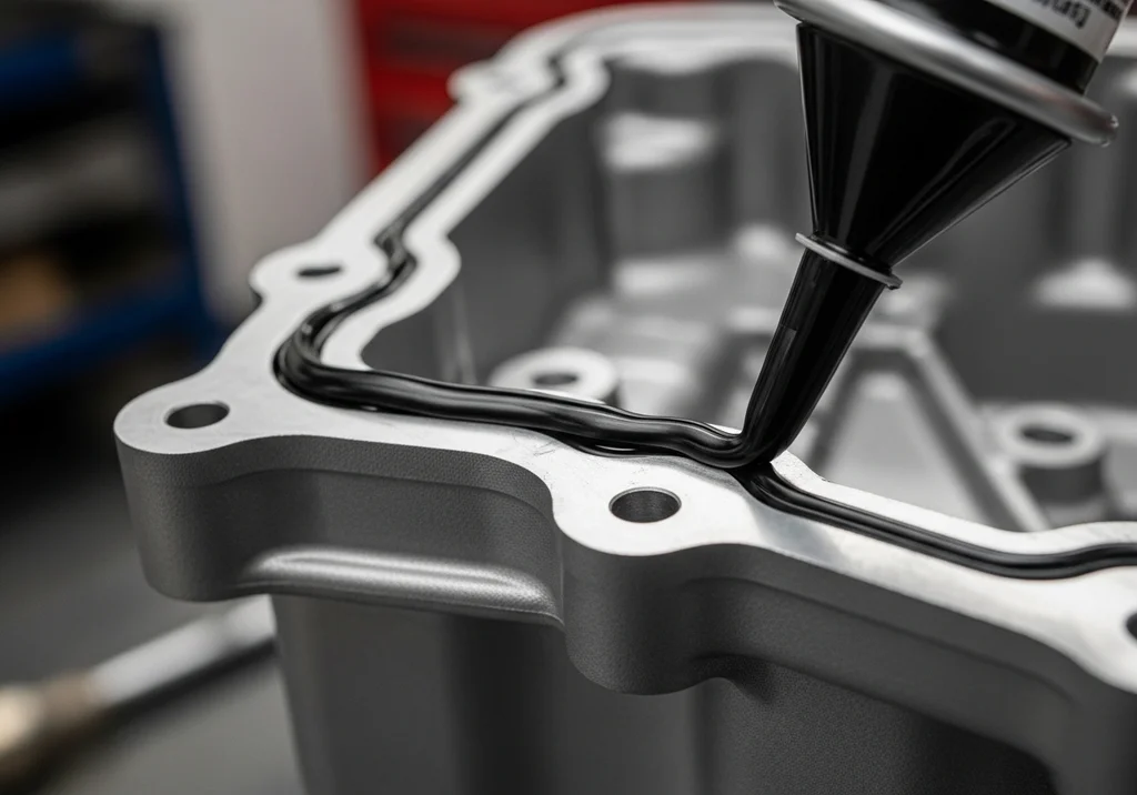 Aplikacja czarnego uszczelniacza do miski olejowej za pomocą tubki z aplikatorem.