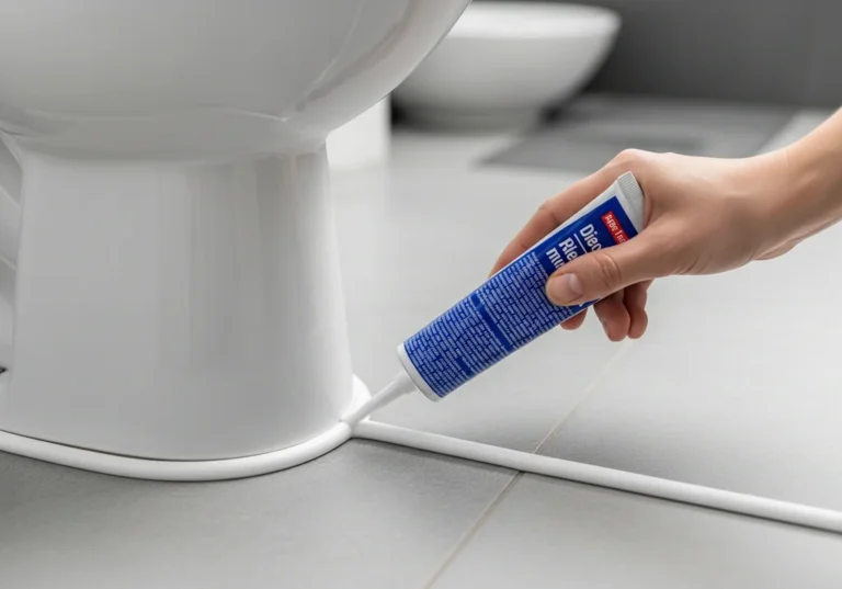 Dłoń aplikuje biały silikon do WC wokół jego podstawy na płytkach.