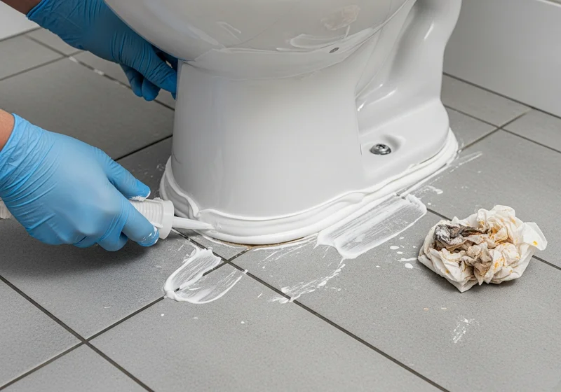 Osoba w niebieskich rękawiczkach uszczelnia toaletę silikonem.