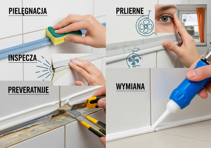 Ilustracja instruktażowa dotycząca pielęgnacji, inspekcji, przerywania i wymiany silikonu.