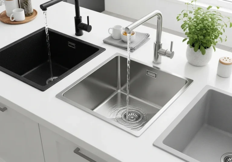 Trzy zlewy w nowoczesnej kuchni z białym blatem: czarny, stalowy i szary.