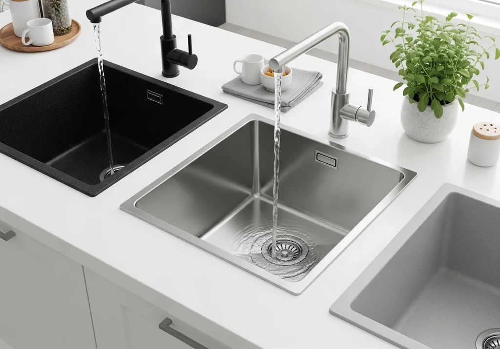 Trzy zlewy w nowoczesnej kuchni z białym blatem: czarny, stalowy i szary.