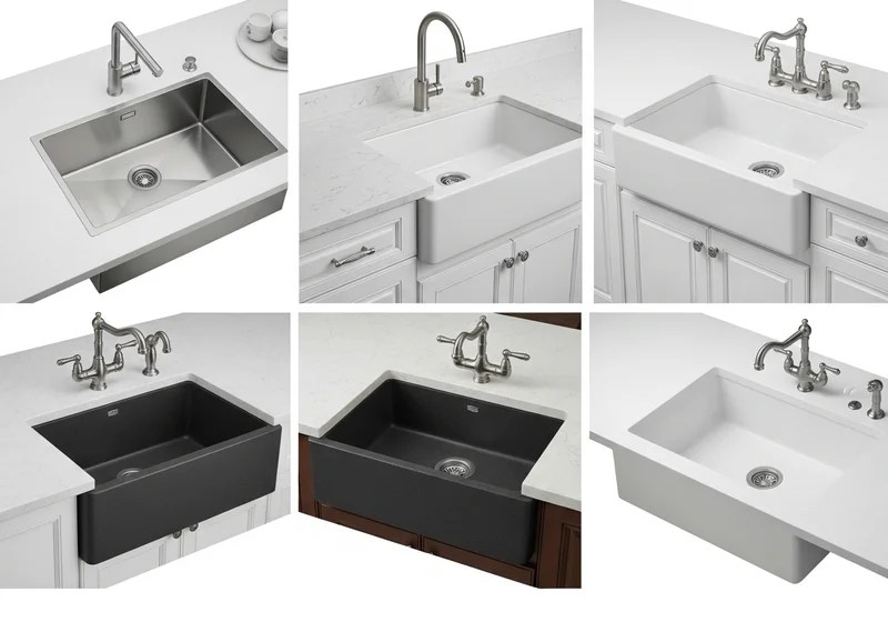 Zestawienie białych blatów z różnymi rodzajami zlewów kuchennych.